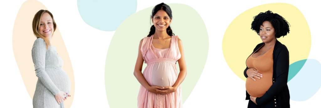 Three pregnant women holding their bellies against coloured backgrounds